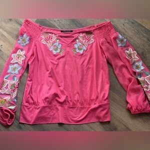 Boston Proper Pink Floral Embroidered Long sleeve off shoulder blouse Sz Large